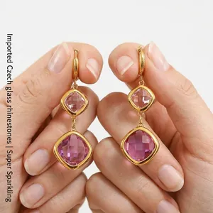 Geometric Layered Square Drop Earrings Stainless Steel 18K Gold Plated Czech Glass Retro Luxury Jewelry For Women