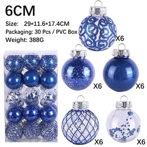 Set of 30 blue 6cm Christmas balls with glitter and spiral patterns for tree decoration