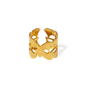 Bague ouverte en acier inoxydable plaqué or 18K avec design de feuilles de ginkgo