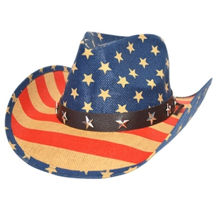 Vintage western cowboy hat with US flag pattern and star studs on a white background