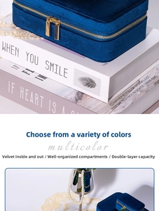 Close-up of deep blue velvet jewelry box with double gold zipper and layered storage