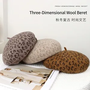 Women French Style Wool Beret Leopard Print Vintage Artist Hat Winter Warm Knitted Bonnet Fashion Accessories For Daily Travel