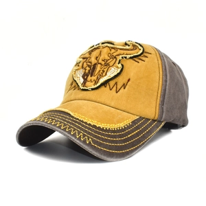 Vintage ginger and grey washed cotton baseball cap with bull skull embroidery and stitching