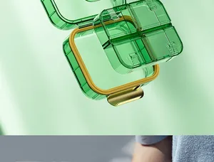 Macro shot of green transparent pill box with multiple grids and a gold metal buckle