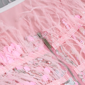 Detail of pink sequins and ostrich feathers with a metallic zipper on a party dress