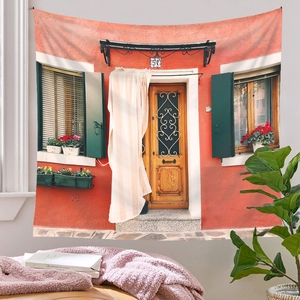 Detail of Mediterranean town building tapestry hanging on wall for home room decoration