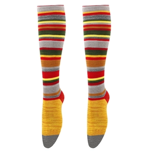 Detailed view of retro multi-colored striped knee-high cotton socks for women.