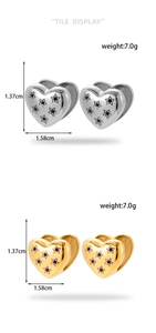 Detail showing dimensions and weights of heart-shaped stainless steel earrings with stars