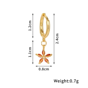 Detailed dimensions of 18K gold flower drop earrings with red gems and 2.4cm total height