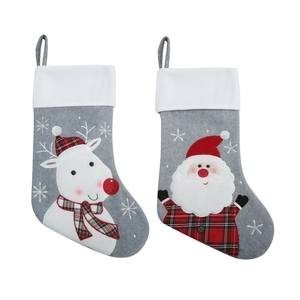 Christmas stocking set with Santa and reindeer motifs in red and grey plaid knit fabric