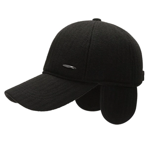Winter baseball cap for men with ear flaps and silver feather detail in black wool