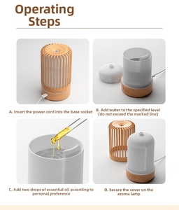 Detail guide showing power connection, water filling and essential oil usage for diffuser