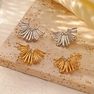 Fan Shaped Stud Earrings Stainless Steel 18K Gold Plated Geometric Cubic Zirconia Trendy For Women