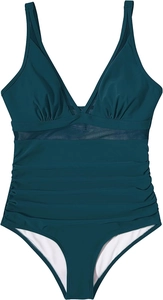 Detail view of dark green one-piece swimsuit featuring mesh panels and tummy control ruching