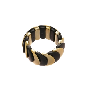 Elastic moon bracelet with alternating black and gold polished metal textured scales