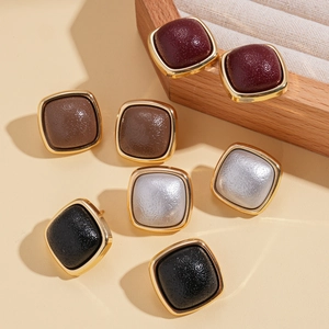 Retro geometric square leather stud earrings set in deep colors with golden metallic frame