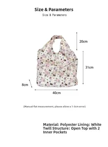 Borsa tote con gatto rosa con dimensioni dettagliate 40x31x8cm e materiale poliestere