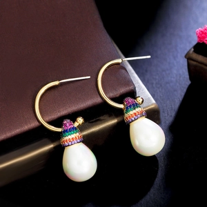 Rainbow zirconia and pearl drop earrings with gold finish and S925 silver needle