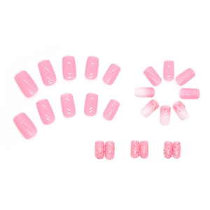 Set de faux ongles roses avec dégradé pailleté et design carré de style moderne