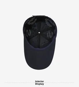 Detailed interior of a navy blue baseball cap showing laser cut vents and reinforced stitching