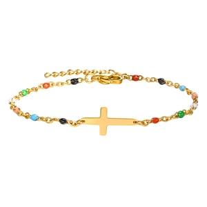 Vintage gold stainless steel cross bracelet with colorful enamel beads for women