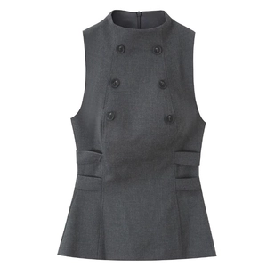 Deep grey sleeveless double-breasted vest with fine woven texture and waist side straps