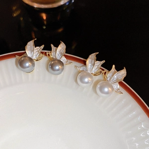 Elegant butterfly pearl earrings in grey and white with gold finish for women