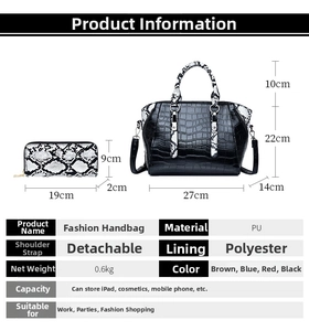 Size chart showing large capacity dimensions for tote bag and matching long wallet