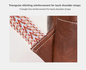 Detail of vintage leather backpack with reinforced triangular stitching on woven straps