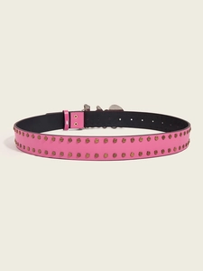 Detail of pink leather punk belt with double-row golden round metal studs and inner lining