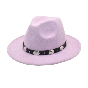 Detail of lavender wool fedora hat featuring black leather belt and embossed silver buckles