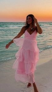 Pink backless layered ruffle maxi dress for beach parties with delicate spaghetti straps