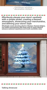 Close-up of blue Christmas tree window sticker with Merry Christmas text on glass