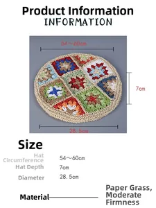 Detailed size chart for handmade crochet paper straw beret with colorful hollow patterns