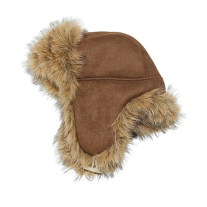 Detail of winter trapper hat with brown faux suede outer and soft faux fur lining