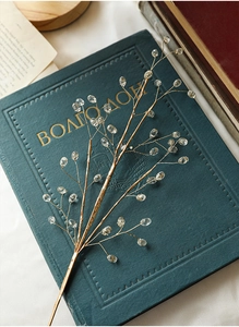 Macro shot of gold wire branches with crystal beads on vintage book for Christmas decor