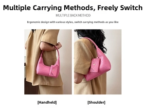 Pink woven texture crescent handbag shown in handheld and shoulder styles with mini pouch