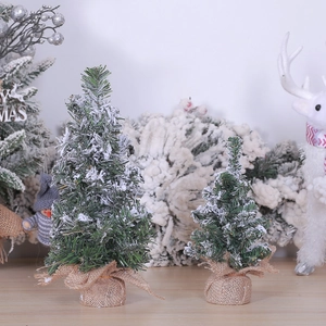 Mini Artificial Christmas Tree Faux Snow Flocked Tabletop Ornament PVC With Burlap Base For Holiday Party Home Office Decor