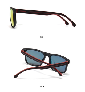 Detail of red and black TR sunglasses with non-slip textured temples and mirrored lenses
