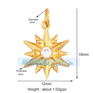 Macro view of gold-plated star pendant with central sparkling cubic zirconia