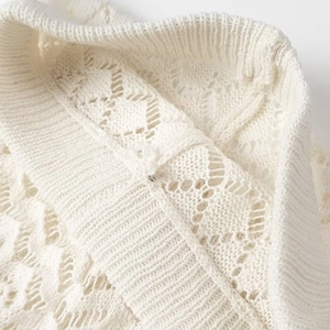 Close-up of white knitted fabric showing hollow patterns and ribbed edges on the set