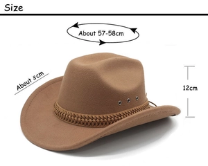 Detailed size guide for the wool western cowboy hat showing brim and crown measurements