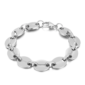 Sleek silver coffee bean link bracelet in polished stainless steel for a modern look