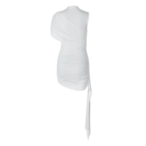 Detail of elegant white pleated dress with one-shoulder design and cascading ribbon