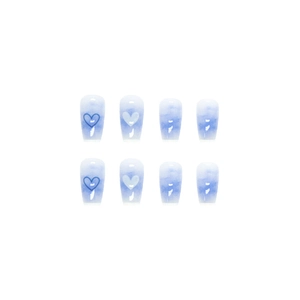 Blue and white gradient press-on nails with heart and cloud marble designs