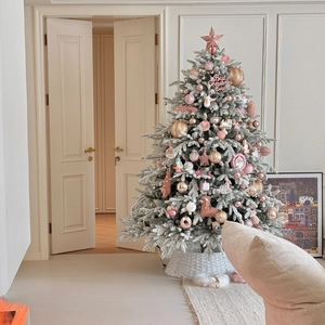Flocked Artificial Christmas Tree Pink Snow Decoration Ornaments LED Lights Star Topper Tree Skirt For Home Holiday Decor