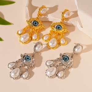Boucles d'oreilles vintage œil de démon avec pampilles en perles dorées et argentées