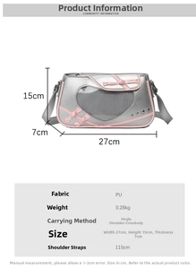 Silver PU ita bag with pink heart window and size dimensions 27x15x7cm details