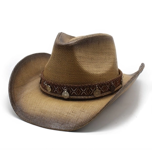 Classic brown woven straw western cowboy hat featuring vintage metal coin decoration