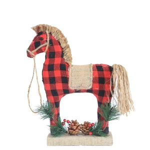 Plaid fabric horse Christmas tabletop decoration with rustic jute mane and wooden base